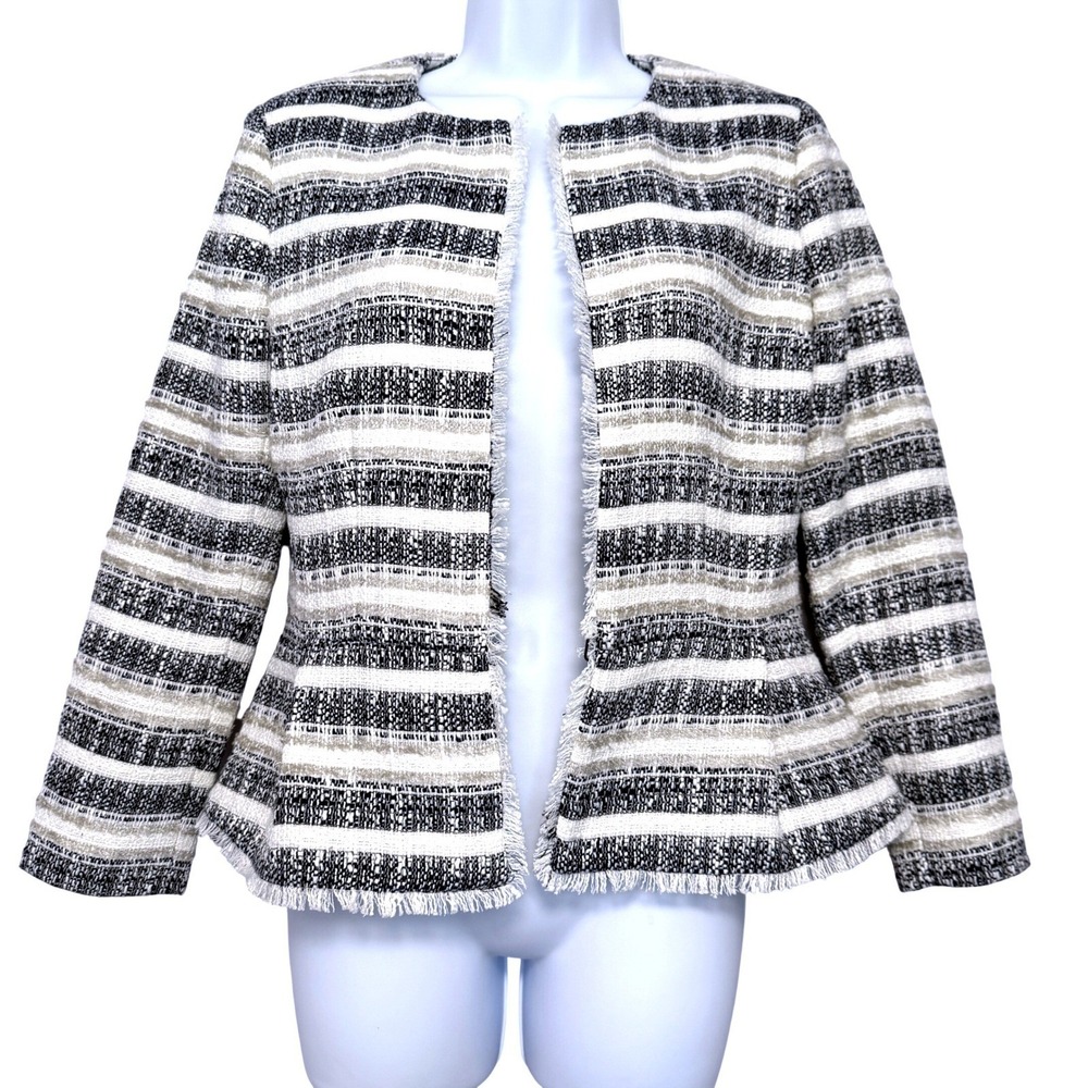 Ann Taylor Fringe Peplum Jacket Blazer Womens‎ 0 Blue Gray Stripe Tweed Polished - Picture 2 of 11